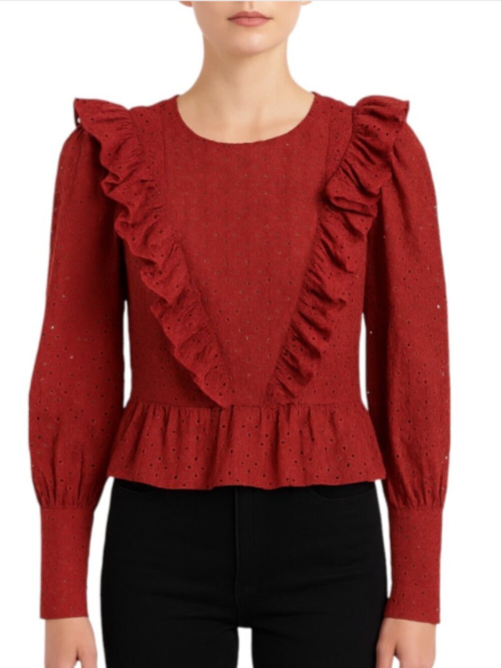 Robert Rodriguez Size 2 Red Top RTR Embroidered Eyelets Ruffles Long Cuff BOHO